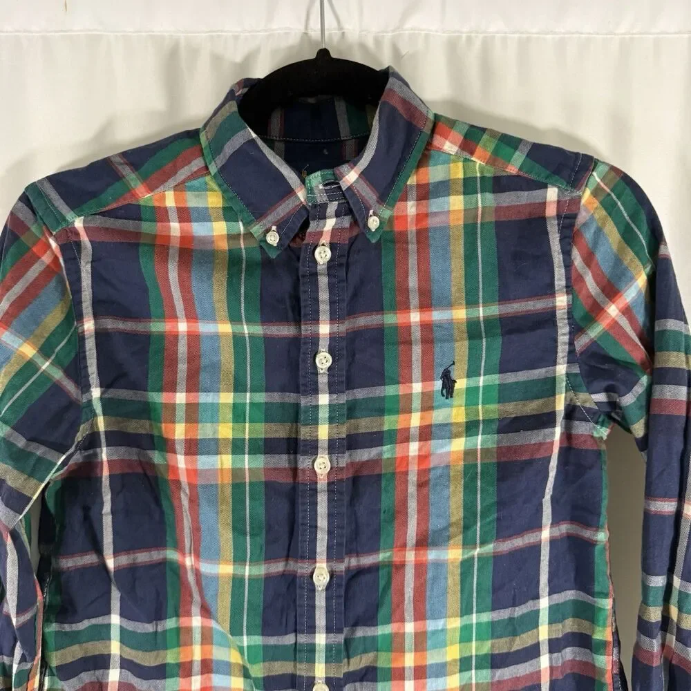 Ralph Lauren Dress Shirt Boys Medium 10-12 Blue Green Plaid Long Sleeve Cotton
